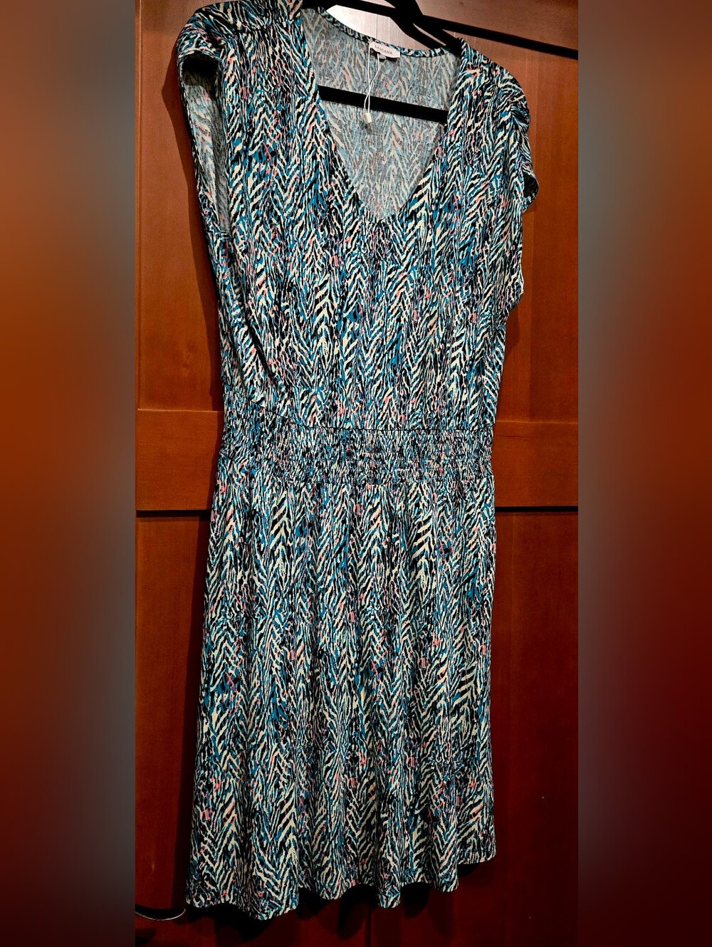 V-Neck Smocked Waist Maxi Dress in Blue, Black & Pink Print